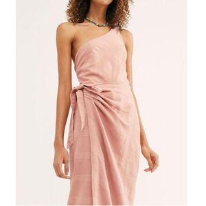 Free People At Leisure Midi Wrap Dress One Shoulder Cotton Linen Pink Size L